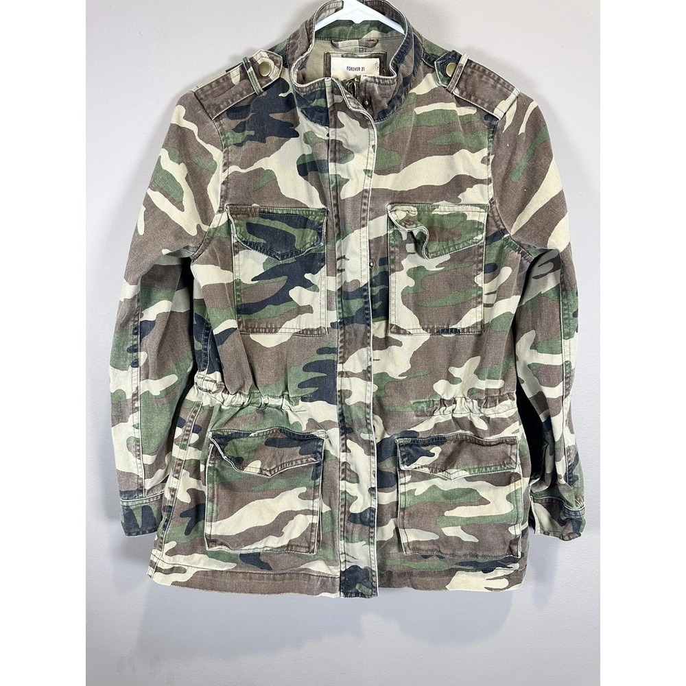 Forever 21 Camo Jacket Womens Small Woodland Camo Military Style Snap Front